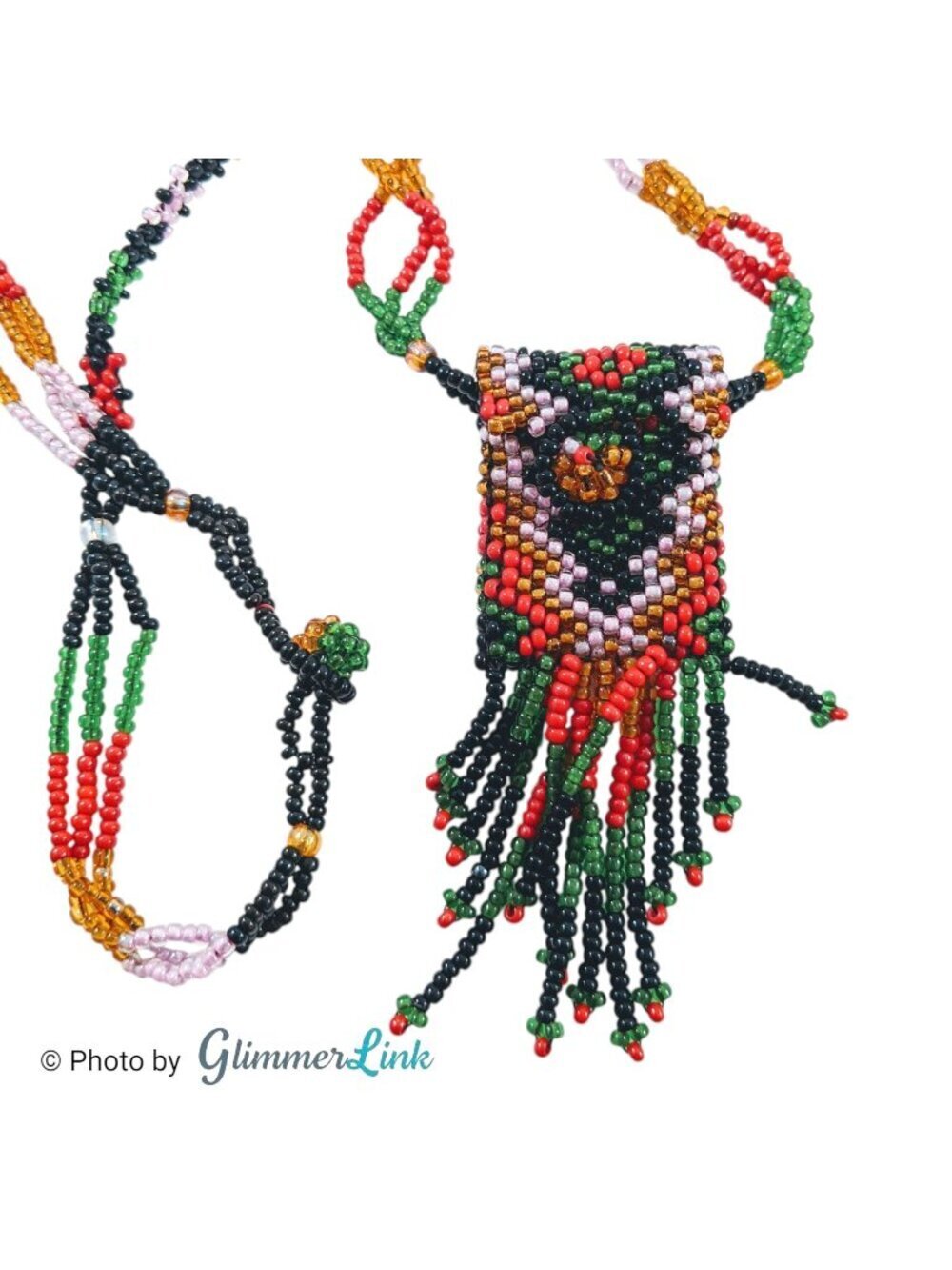 Handmade Seed Bead Fringe Pouch Necklace Colorful Tribal Style